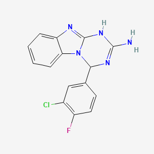 molecular formula C15H11ClFN5 B1436606 4-(3-Chloro-4-fluorophenyl)-1,4-dihydro[1,3,5]triazino[1,2-a]benzimidazol-2-amine CAS No. 1256628-16-6