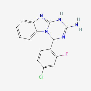 molecular formula C15H11ClFN5 B1436624 4-(4-Chloro-2-fluorophenyl)-1,4-dihydro[1,3,5]triazino[1,2-a]benzimidazol-2-amine CAS No. 1158195-73-3