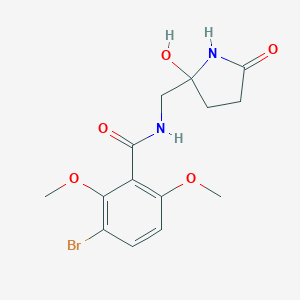 molecular formula C14H17BrN2O5 B143700 5-((3-Bromo-2,6-dimethoxybenzamido)methyl)-5-hydroxy-2-pyrrolidone CAS No. 125558-31-8