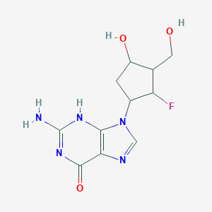 molecular formula C11H14FN5O3 B143718 2-Amino-1,9-dihydro-9-(2-fluoro-4-hydroxy-3-(hydroxymethyl)cyclopentyl)-6H-purin-6-one CAS No. 131043-40-8