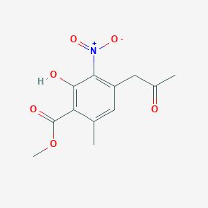 molecular formula C12H13NO6 B14379157 Benzoic acid, 2-hydroxy-6-methyl-3-nitro-4-(2-oxopropyl)-, methyl ester CAS No. 89586-50-5