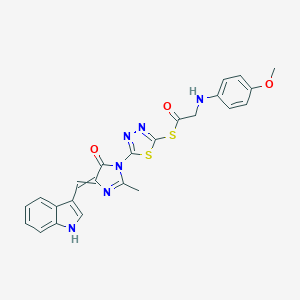 molecular formula C24H20N6O3S2 B143858 Ethanethioic acid, ((4-methoxyphenyl)amino)-, S-(5-(4,5-dihydro-4-(1H-indol-3-ylmethylene)-2-methyl-5-oxo-1H-imidazol-1-yl)-1,3,4-thiadiazol-2-yl) ester CAS No. 127227-42-3