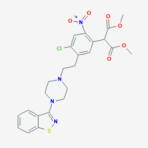 molecular formula C24H25ClN4O6S B143880 Dimethyl 2-[5-[2-[4-(1,2-benzothiazol-3-yl)piperazin-1-yl]ethyl]-4-chloro-2-nitrophenyl]propanedioate CAS No. 160384-39-4