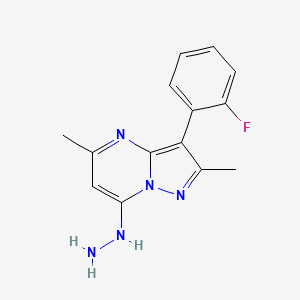 molecular formula C14H14FN5 B1439429 3-(2-Fluorophenyl)-7-hydrazino-2,5-dimethylpyrazolo[1,5-a]pyrimidine CAS No. 1204296-13-8