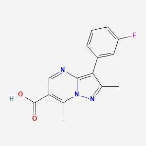 molecular formula C15H12FN3O2 B1439432 3-(3-Fluorophenyl)-2,7-dimethylpyrazolo[1,5-a]pyrimidine-6-carboxylic acid CAS No. 1204297-72-2