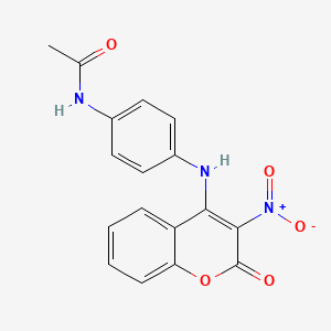 molecular formula C17H13N3O5 B14394887 N-{4-[(3-Nitro-2-oxo-2H-1-benzopyran-4-yl)amino]phenyl}acetamide CAS No. 88353-26-8