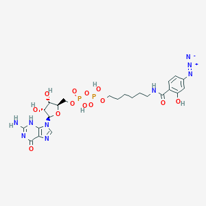 molecular formula C23H31N9O13P2 B143998 Gdp-hexanolaminyl-4-azidosalicylic acid CAS No. 129992-33-2