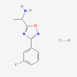 molecular formula C10H11ClFN3O B1440773 1-[3-(3-Fluorophenyl)-1,2,4-oxadiazol-5-yl]ethan-1-amine hydrochloride CAS No. 1354953-44-8