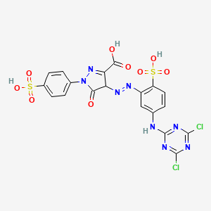 molecular formula C19H12Cl2N8O9S2 B14409019 4-((5-((4,6-Dichloro-1,3,5-triazin-2-yl)amino)-2-sulphophenyl)azo)-4,5-dihydro-5-oxo-1-(4-sulphophenyl)-1H-pyrazole-3-carboxylic acid CAS No. 85946-19-6