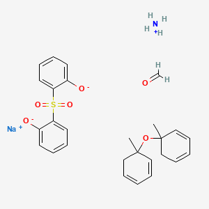 molecular formula C27H32NNaO6S B14421183 Azanium;sodium;formaldehyde;5-methyl-5-(1-methylcyclohexa-2,4-dien-1-yl)oxycyclohexa-1,3-diene;2-(2-oxidophenyl)sulfonylphenolate 