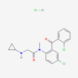 molecular formula C19H19Cl3N2O2 B14433825 Acetamide, N-(4-chloro-2-(2-chlorobenzoyl)phenyl)-2-(cyclopropylamino)-N-methyl-, monohydrochloride CAS No. 75615-94-0