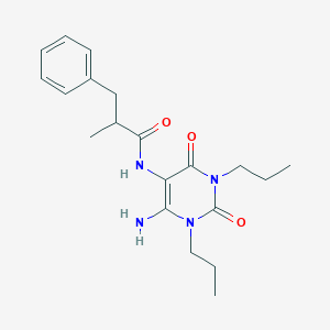 molecular formula C20H28N4O3 B144339 Benzenepropanamide,  N-(6-amino-1,2,3,4-tetrahydro-2,4-dioxo-1,3-dipropyl-5-pyrimidinyl)--alpha--met CAS No. 130296-14-9