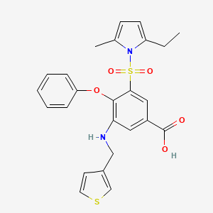 molecular formula C25H24N2O5S2 B14434199 Benzoic acid, 3-((2-ethyl-5-methyl-1H-pyrrol-1-yl)sulfonyl)-4-phenoxy-5-((3-thienylmethyl)amino)- CAS No. 76557-35-2