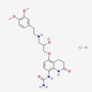 molecular formula C23H31ClN4O6 B14434496 Urea, (5-(3-((2-(3,4-dimethoxyphenyl)ethyl)amino)-2-hydroxypropoxy)-1,2,3,4-tetrahydro-2-oxo-8-quinolinyl)-, monohydrochloride CAS No. 76412-48-1