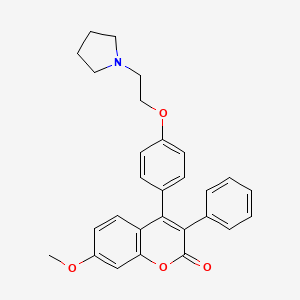 molecular formula C28H27NO4 B14434499 2H-1-Benzopyran-2-one, 7-methoxy-3-phenyl-4-(4-(2-(1-pyrrolidinyl)ethoxy)phenyl)- CAS No. 78994-30-6