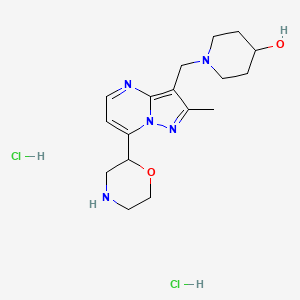molecular formula C17H27Cl2N5O2 B1443605 1-((2-Methyl-7-(morpholin-2-yl)pyrazolo[1,5-a]pyrimidin-3-yl)methyl)piperidin-4-ol dihydrochloride CAS No. 1361113-79-2