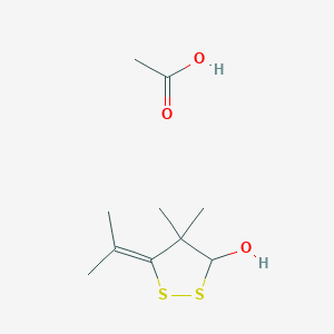 molecular formula C10H18O3S2 B14444448 Acetic acid;4,4-dimethyl-5-propan-2-ylidenedithiolan-3-ol CAS No. 75072-33-2