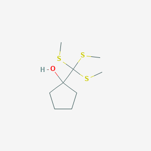 molecular formula C9H18OS3 B14446460 Cyclopentanol, 1-[tris(methylthio)methyl]- CAS No. 77412-85-2