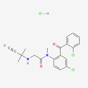 molecular formula C21H21Cl3N2O2 B14450454 Acetamide, N-(4-chloro-2-(2-chlorobenzoyl)phenyl)-2-((1,1-dimethyl-2-propynyl)amino)-N-methyl-, monohydrochloride CAS No. 75615-93-9