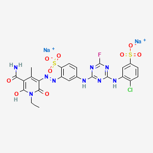 molecular formula C24H19ClFN9Na2O9S2 B14450742 disodium;2-[(5-carbamoyl-1-ethyl-6-hydroxy-4-methyl-2-oxopyridin-3-yl)diazenyl]-4-[[4-(2-chloro-5-sulfonatoanilino)-6-fluoro-1,3,5-triazin-2-yl]amino]benzenesulfonate CAS No. 75268-65-4