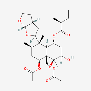 molecular formula C29H44O10 B14455934 Butanoic acid, 2-methyl-, (1R,2S,4R,4aR,5S,6R,8S,8aR)-8-(acetyloxy)-8a-((acetyloxy)methyl)-5-((2S,3aR,6aS)-hexahydrofuro(2,3-b)furan-2-yl)octahydro-2-hydroxy-5,6-dimethylspiro(naphthalene-1(2H),2'-oxiran)-4-yl ester, (2S)- CAS No. 72160-84-0