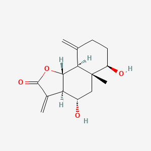 molecular formula C15H20O4 B14458074 Naphtho(1,2-b)furan-2(3H)-one, decahydro-4,6-dihydroxy-5a-methyl-3,9-bis(methylene)-, (3aR,4S,5aR,6R,9aS,9bR)- CAS No. 75433-10-2