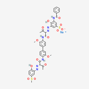 molecular formula C42H38N7NaO14S2 B14461716 Benzenesulfonic acid, 3-(benzoylamino)-4-hydroxy-5-((1-(((4'-((2-((2-hydroxy-5-(methylsulfonyl)phenyl)azo)-1,3-dioxobutyl)amino)-3,3'-dimethoxy(1,1'-biphenyl)-4-yl)amino)carbonyl)-2-oxopropyl)azo)-, monosodium salt CAS No. 70210-32-1