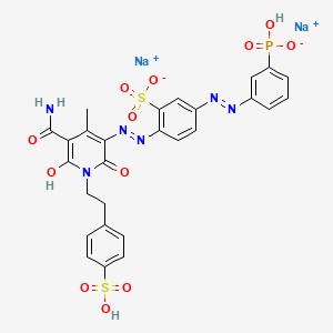 molecular formula C27H23N6Na2O12PS2 B14462515 Disodium 2-((5-carbamoyl-1,6-dihydro-2-hydroxy-4-methyl-6-oxo-1-(2-(4-sulphonatophenyl)ethyl)-3-pyridyl)azo)-5-((3-phosphonophenyl)azo)benzenesulphonate CAS No. 68992-04-1