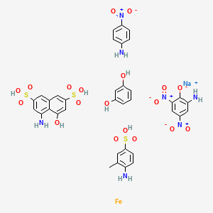 molecular formula C35H34FeN7NaO19S3 B14466237 Sodium;2-amino-4,6-dinitrophenolate;4-amino-5-hydroxynaphthalene-2,7-disulfonic acid;4-amino-3-methylbenzenesulfonic acid;benzene-1,3-diol;iron;4-nitroaniline 