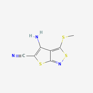 molecular formula C7H5N3S3 B14469146 Thieno(2,3-c)isothiazole-5-carbonitrile, 4-amino-3-(methylthio)- CAS No. 72436-89-6