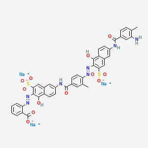 molecular formula C43H30N7Na3O12S2 B14469536 Trisodium 2-((6-((4-((6-((3-amino-4-methylbenzoyl)amino)-1-hydroxy-3-sulphonato-2-naphthyl)azo)-3-methylbenzoyl)amino)-1-hydroxy-3-sulphonato-2-naphthyl)azo)benzoate CAS No. 72152-52-4