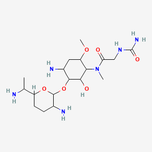 molecular formula C18H36N6O6 B14471160 N-[4-amino-3-[3-amino-6-(1-aminoethyl)oxan-2-yl]oxy-2-hydroxy-6-methoxycyclohexyl]-2-(carbamoylamino)-N-methylacetamide CAS No. 68743-80-6