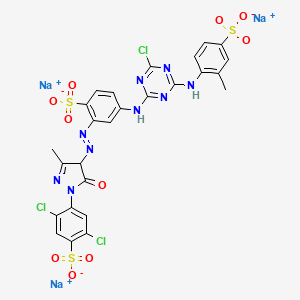 molecular formula C26H17Cl3N9Na3O10S3 B14472518 Benzenesulfonic acid, 4-((4-chloro-6-((2-methyl-4-sulfophenyl)amino)-1,3,5-triazin-2-yl)amino)-2-((1-(2,5-dichloro-4-sulfophenyl)-4,5-dihydro-3-methyl-5-oxo-1H-pyrazol-4-yl)azo)-, trisodium salt CAS No. 72829-26-6