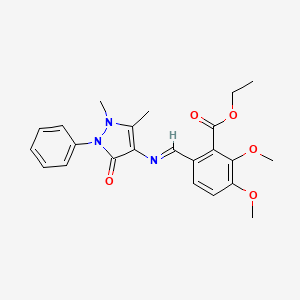 molecular formula C23H25N3O5 B14475554 Benzoic acid, 6-(((2,3-dihydro-1,5-dimethyl-3-oxo-2-phenyl-1H-pyrazol-4-yl)imino)methyl)-2,3-dimethoxy-, ethyl ester CAS No. 66913-54-0