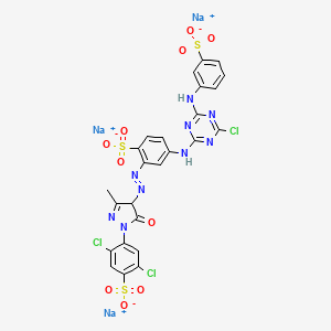 molecular formula C25H15Cl3N9Na3O10S3 B14476713 4-((4-Chloro-6-((3-sulphophenyl)amino)-1,3,5-triazin-2-yl)amino)-2-((1-(2,5-dichloro-4-sulphophenyl)-4,5-dihydro-3-methyl-5-oxo-1H-pyrazol-4-yl)azo)benzenesulphonic acid, sodium salt CAS No. 72259-17-7