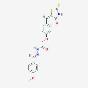 molecular formula C20H17N3O4S2 B144780 Acetic acid, (4-((4-oxo-2-thioxo-5-thiazolidinylidene)methyl)phenoxy)-, ((4-methoxyphenyl)methylene)hydrazide CAS No. 139298-31-0