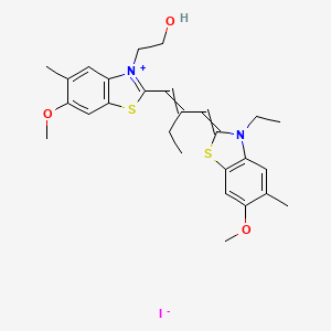 molecular formula C27H33IN2O3S2 B14484230 Benzothiazolium, 3-ethyl-2-(2-((3-(2-hydroxyethyl)-6-methoxy-5-methyl-2(3H)-benzothiazolylidene)methyl)-1-butenyl)-6-methoxy-5-methyl-, iodide CAS No. 63815-94-1