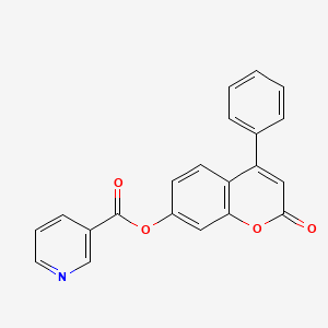 molecular formula C21H13NO4 B14487612 2-Oxo-4-phenyl-2H-1-benzopyran-7-yl pyridine-3-carboxylate CAS No. 64836-32-4