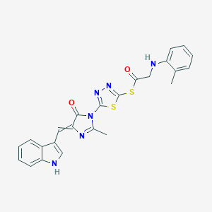 molecular formula C24H20N6O2S2 B145102 Ethanethioic acid, ((2-methylphenyl)amino)-, S-(5-(4,5-dihydro-4-(1H-indol-3-ylmethylene)-2-methyl-5-oxo-1H-imidazol-1-yl)-1,3,4-thiadiazol-2-yl) ester CAS No. 127227-38-7