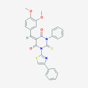 molecular formula C28H21N3O4S2 B145182 4,6(1H,5H)-Pyrimidinedione, dihydro-5-((3,4-dimethoxyphenyl)methylene)-1-phenyl-3-(4-phenyl-2-thiazolyl)-2-thioxo- CAS No. 139356-82-4