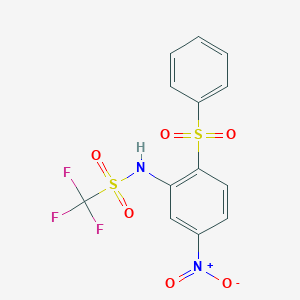 molecular formula C13H9F3N2O6S2 B14521484 N-[2-(Benzenesulfonyl)-5-nitrophenyl]-1,1,1-trifluoromethanesulfonamide CAS No. 62677-07-0