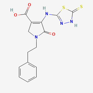 molecular formula C15H14N4O3S2 B1453141 4-[(5-Mercapto-1,3,4-thiadiazol-2-yl)amino]-5-oxo-1-(2-phenylethyl)-2,5-dihydro-1H-pyrrole-3-carboxylic acid CAS No. 1111018-89-3