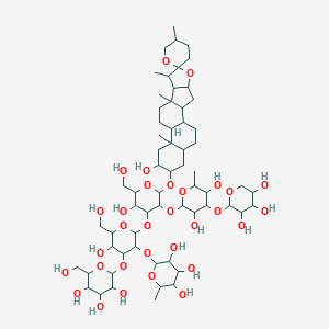 molecular formula C62H102O31 B145315 3-(alpha-Rhamnopyranopyranosyl-(1-2)-beta-glucopyranosyl-(1-3)-beta-glucopyranosyl-(beta-xylopyranosyl-(1-4)-alpha-rhamnopyranosyl-(1-2))-beta-glucopyranosyl)-2-hydroxy-5-alpha-spirostane CAS No. 135010-58-1