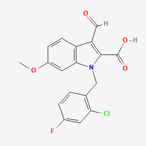 molecular formula C18H13ClFNO4 B1453207 1-(2-Chloro-4-fluorobenzyl)-3-formyl-6-methoxy-1H-indole-2-carboxylic acid CAS No. 1243023-71-3