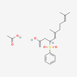molecular formula C21H30O5S B14534196 Acetic acid;4-(benzenesulfonyl)-6,10-dimethylundeca-1,5,9-trien-2-ol CAS No. 62692-55-1