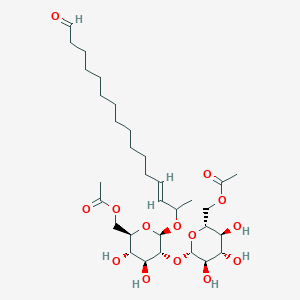 molecular formula C32H54O14 B145354 [(2R,3S,4S,5R,6S)-6-[(2R,3R,4S,5S,6R)-6-(acetyloxymethyl)-4,5-dihydroxy-2-[(E)-16-oxohexadec-3-en-2-yl]oxyoxan-3-yl]oxy-3,4,5-trihydroxyoxan-2-yl]methyl acetate CAS No. 130994-78-4