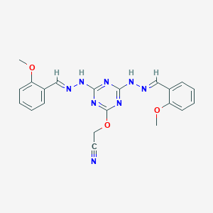 molecular formula C21H20N8O3 B145377 ((4,6-Bis(((2-methoxyphenyl)methylene)hydrazino)-1,3,5-triazin-2-yl)oxy)acetonitrile CAS No. 137522-85-1
