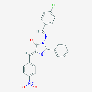 molecular formula C23H15ClN4O3 B145467 1-((p-Chlorobenzylidene)amino)-4-(p-nitrobenzylidene)-2-phenyl-2-imidazolin-5-one CAS No. 126245-04-3