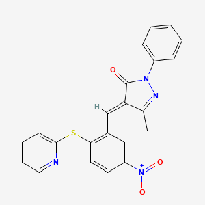 molecular formula C22H16N4O3S B1456591 (4E)-5-methyl-4-[(5-nitro-2-pyridin-2-ylsulfanylphenyl)methylidene]-2-phenylpyrazol-3-one CAS No. 1024724-31-9