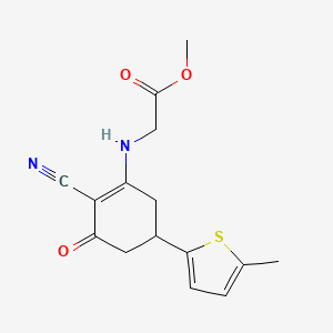 molecular formula C15H16N2O3S B1456688 methyl N-[2-cyano-5-(5-methyl-2-thienyl)-3-oxocyclohex-1-en-1-yl]glycinate CAS No. 1428139-07-4